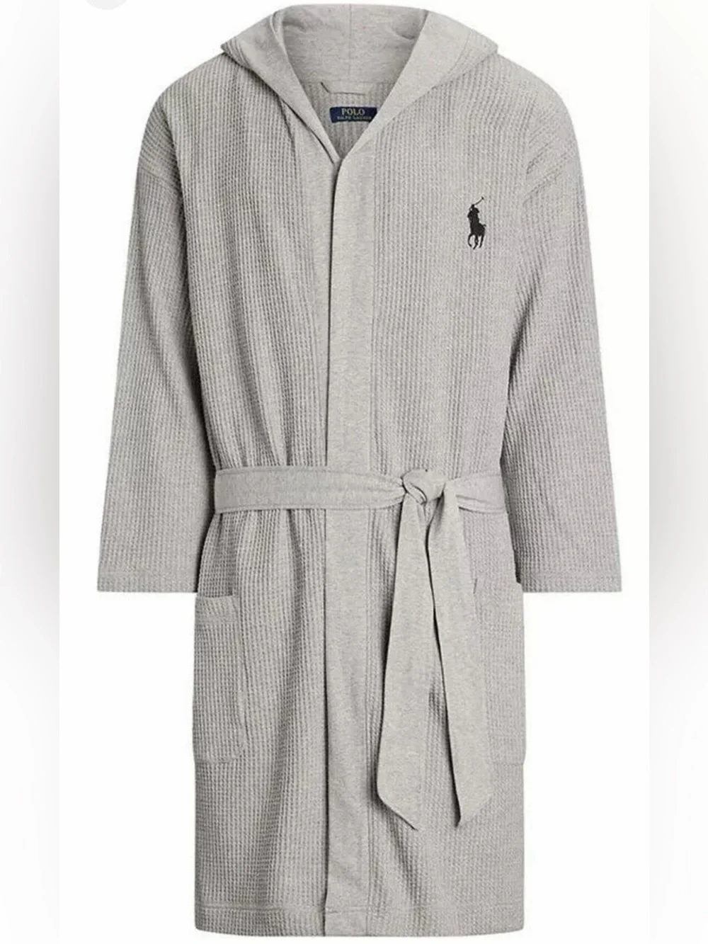 Polo by Ralph Lauren Light Gray Hooded Thermal Knit Waffle Belted Robe-NEW